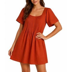 NWT Madewell Clay Orange Square Neck Pintuck Pleated Mini Dress XS